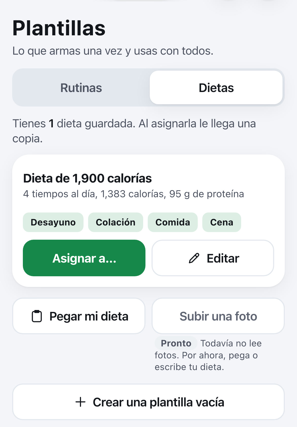 Plantillas de dietas: asignar, editar o pegar tu dieta