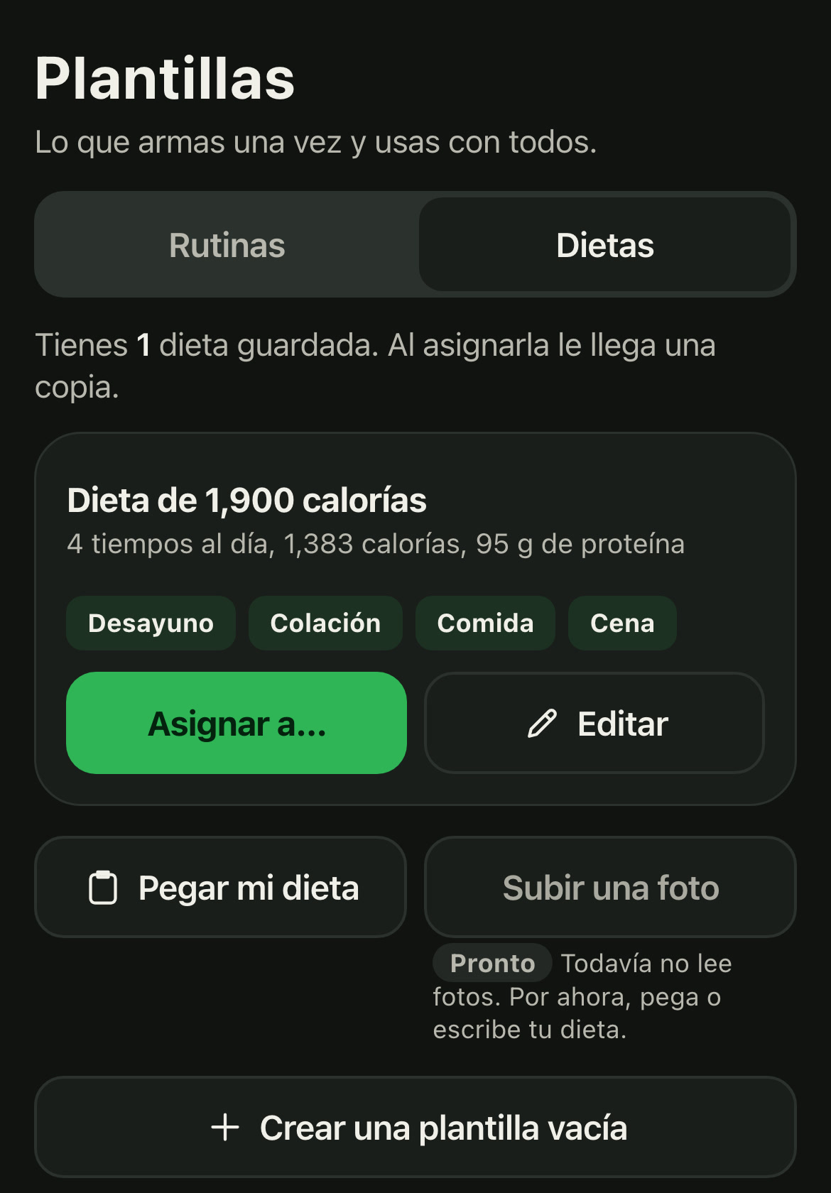 Plantillas de dietas: asignar, editar o pegar tu dieta